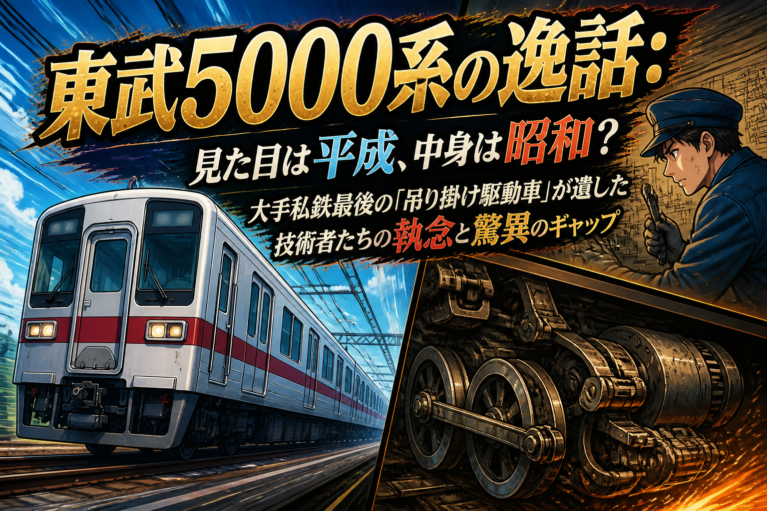 東武5000系の逸話:見た目は平成、中身は昭和?大手私鉄最後の「吊り掛け駆動車」が遺した技術者たちの執念と驚異のギャップ
